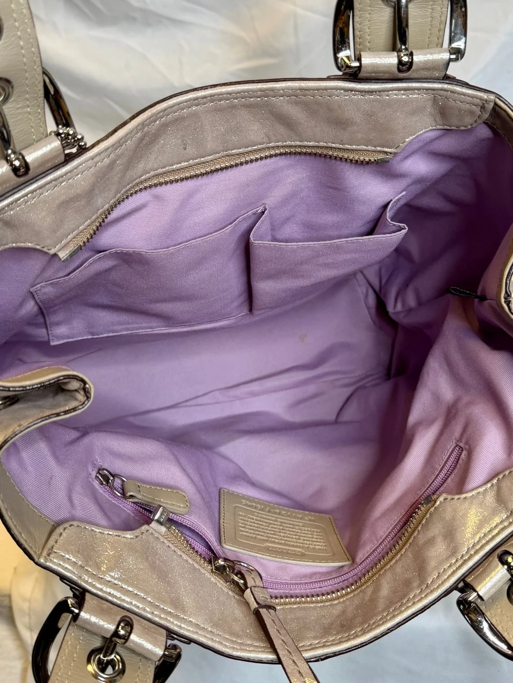 COACH SoHo Pleated Leather Metallic Champagne Silver Gold Tote Shoulder Bag